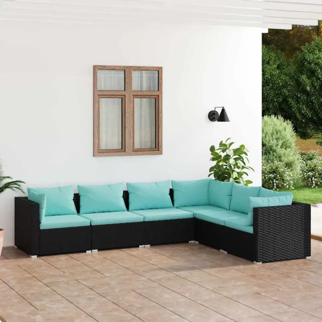vidaXL 6-delige Loungeset met kussens poly rattan zwart, foto 2