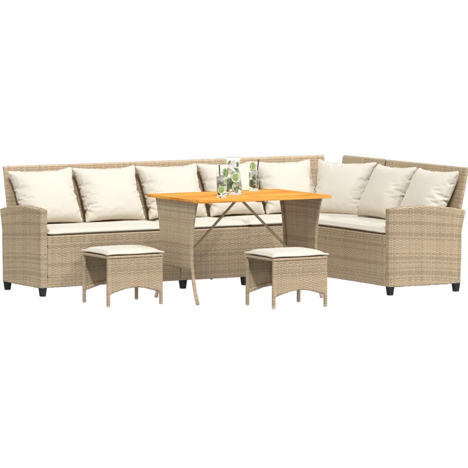 vidaXL 4-delige Tuinbankstel met kussens L-vormig beige poly rattan