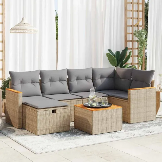 vidaXL 7-delige Loungeset met kussens poly rattan beige, foto 2
