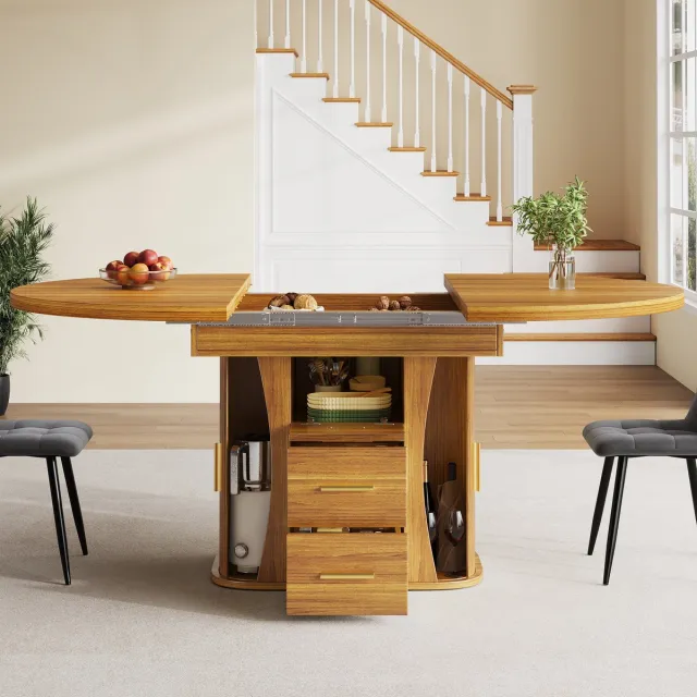 DESMIU Uitschuifbare Eettafel - Slimme Opbergruimte En Uitklapbaar Blad - Voor Woonkamer, Hal En Werkkamer - Walnoot - 118 Tot 158 Cm Voor Kleine Ruimtes Notenhout