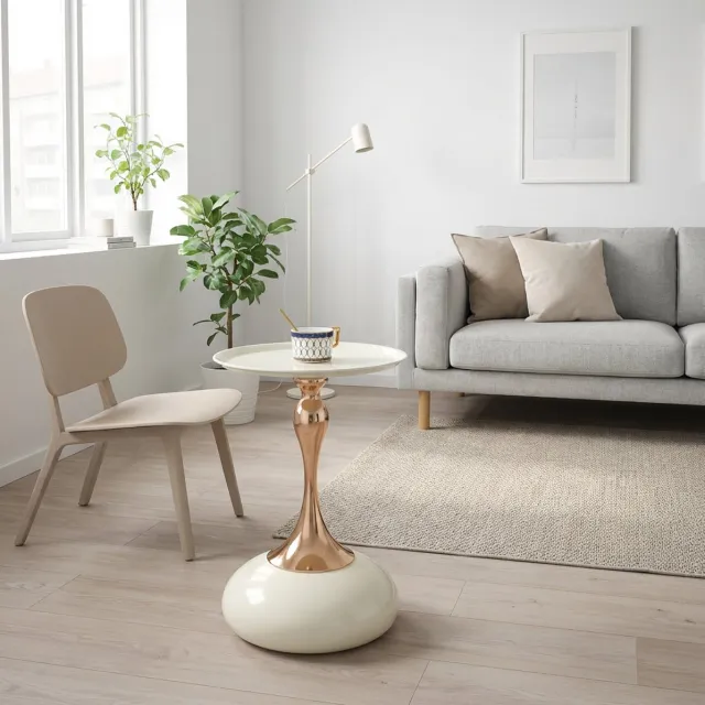 MIVRAY Bijzettafel - Ronde Metalen Tafel Voor Kleine Ruimtes - Geschikt Als Bedtafel En Woonkamertafel - Wit Goud - 38x38x54 Cm