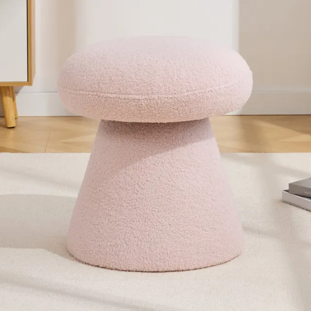 OKWISH Voetenbankje Draaibaar – 41 x 41 x 44 cm – Teddystof en Hout – Roze – Paddenstoelvorm – voor Woonkamer en Slaapkamer – Zachte Zitting