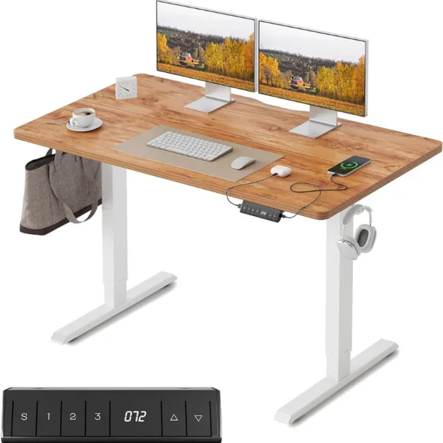 fezibo Elektrisch Verstelbaar Bureau Met USB-A En USB-C Poorten - 120 x 60 Cm Zit-Sta Bureau - Ergonomisch Computerbureau Voor Thuiswerkplek - Lichtbruin