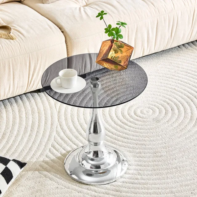 MODENUIT Bijzettafel - Ronde Glazen Tafel Met Metalen Voet - Voor Woonkamer En Slaapkamer - Zilver - 50 Cm