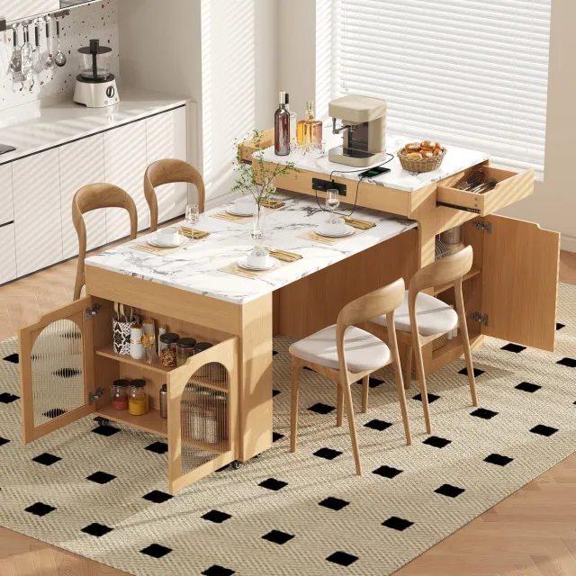 Wishdor Eettafel - Uitschuifbaar keukeneiland met stopcontact en lades - Modern Scandinavisch - Keuken en eetkamer - Houtlook en glas - Naturel - 55-153 x 80 x 93 cm