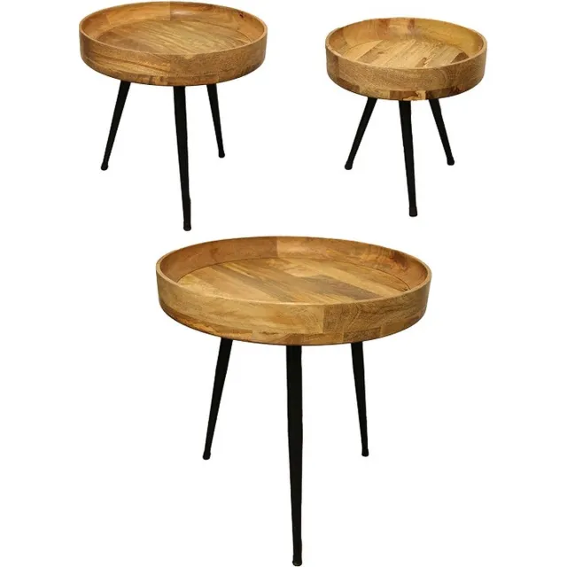 Home Society Bijzettafels - bijzettafel rond - bijzettafel metaal met hout - set van drie - bijzettafeltjes woonkamer houtkleur met zwart
