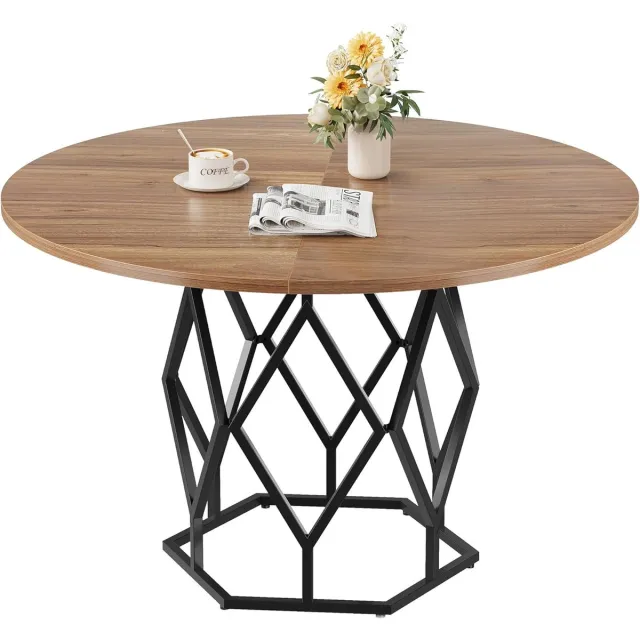 HOERFURIY Ronde eettafel 120 cm voor 4–6 personen - Houten blad (4 panelen) met metalen onderstel - Voor keuken, eetkamer & woonkamer - Bruin