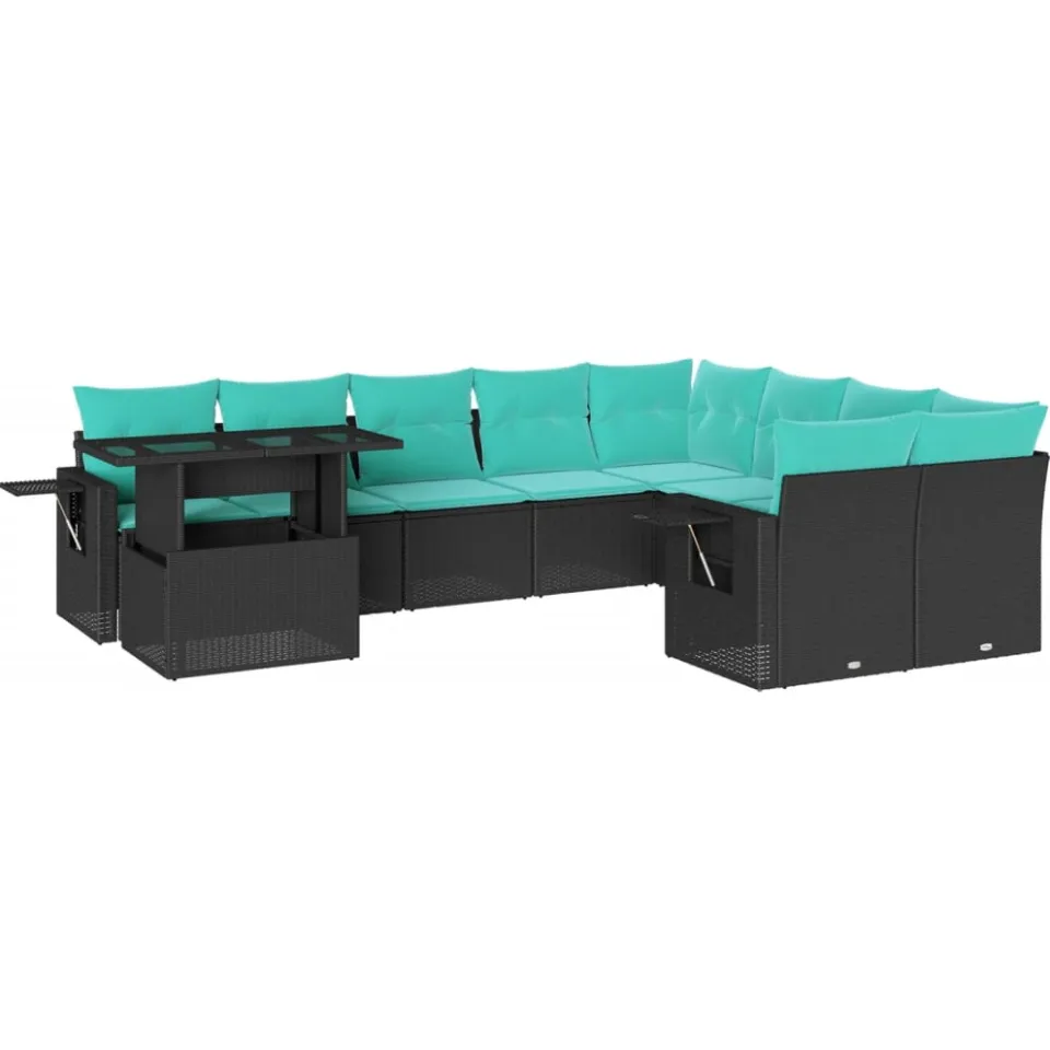 vidaXL 10-delige tuinbankset met kussens van zwart polyrotan, foto 3