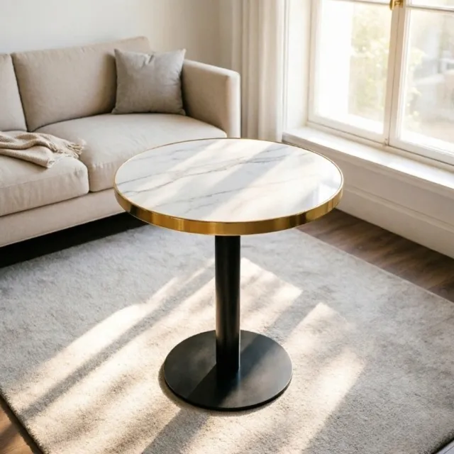 REDOM Bijzettafel - Rond - Marmerlook blad met UV-coating - Goudkleurig RVS frame - Modern - Woonkamer - Wit - Ø60 x 73,7 cm