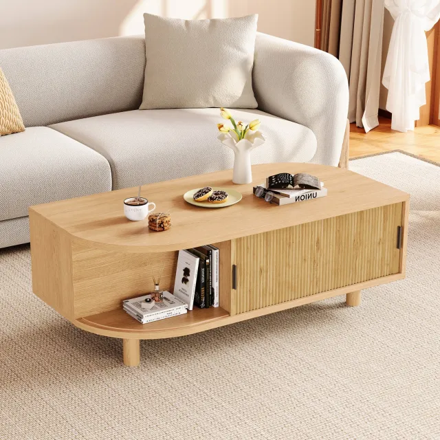 MIVRAY Salontafel - Twee Schuifdeuren Met Opbergruimte - Voor Woonkamer en Zithoek - MDF en Spaanplaat - 100 x 50 x 35 cm - Natuurlijke Houtkleur Naturel houtkleur