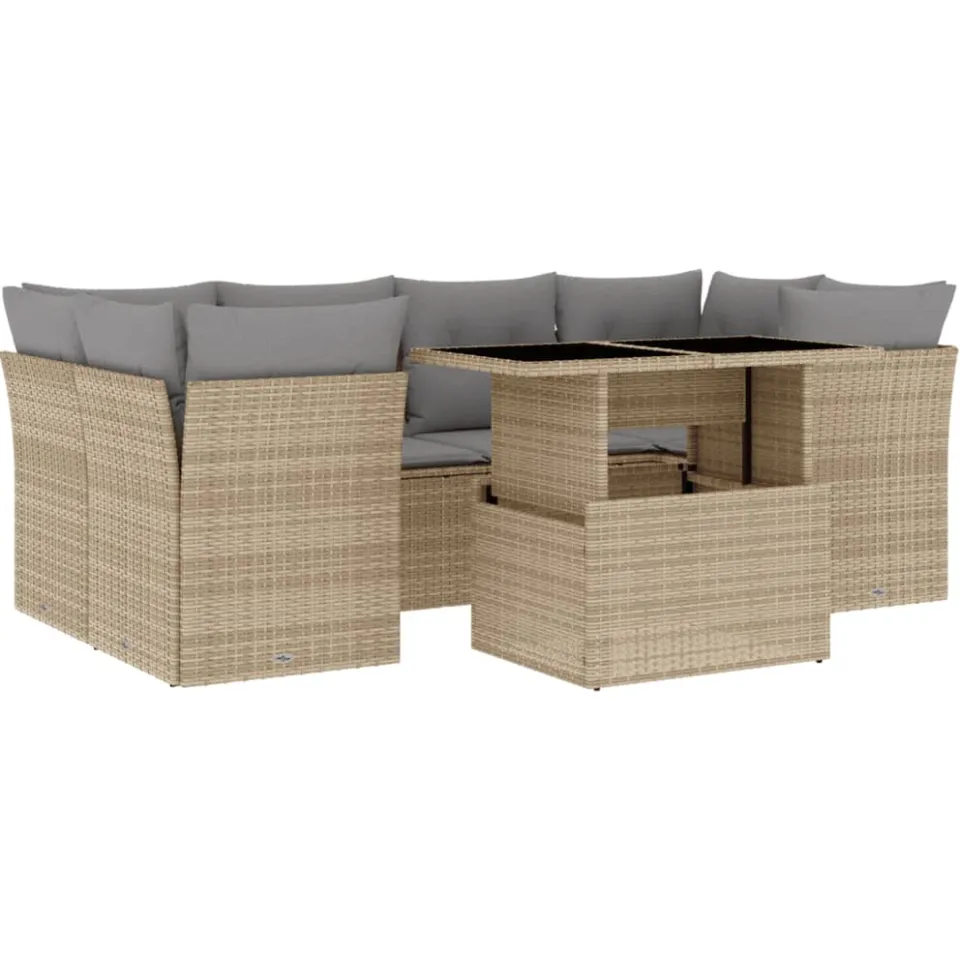 vidaXL 7-delige Loungeset met kussens poly rattan beige, foto 3