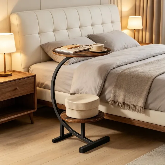 MIVRAY Bijzettafel Rond Met Dubbele Opberglaag En Stevige Metalen Frame Constructie Voor Woonkamer En Slaapkamer Rustic Brown 66 Cm