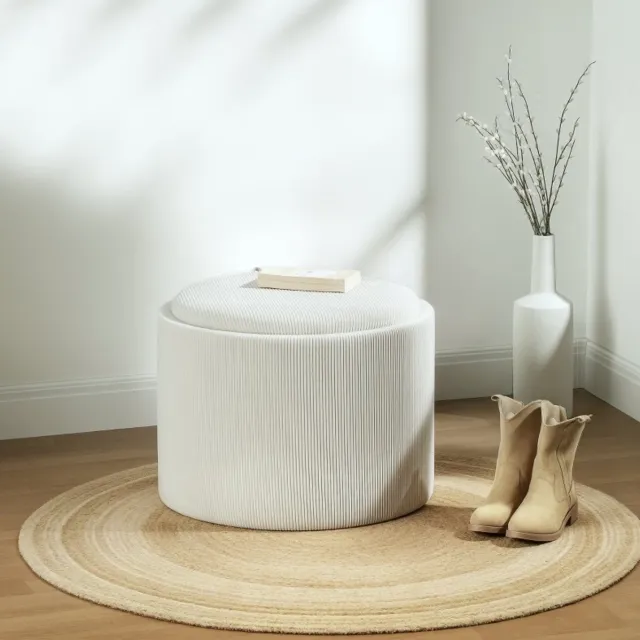 MEUNIQ opbergpoef rond 56 x 56 x 42 cm met deksel, corduroy-look, opbergruimte, zitfunctie en te gebruiken als bijzettafel, crèmewit Cream White