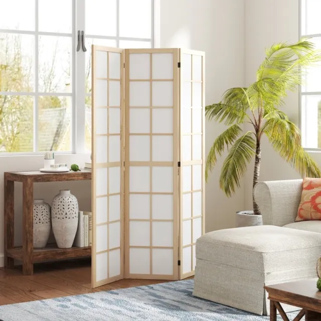 HAUSS SPOLE Kamerscherm Opvouwbaar – 3 Panelen – 120 x 170 cm – Hout en Stof – Naturel – Vrijstaande Ruimteverdeler voor Woonkamer en Slaapkamer Naturel houtkleur