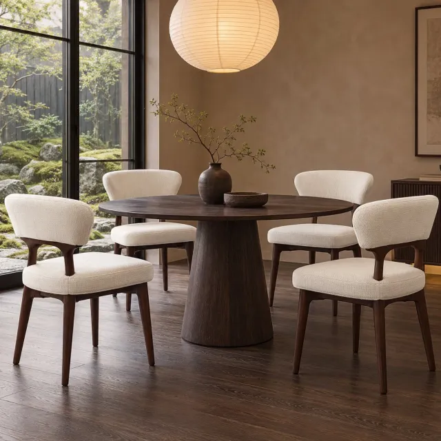 BonBonVibes Set van 4 Japandi Eetkamerstoelen Lichtbeige – Massief Houten Eetstoelen met Chenille Bekleding – Comfortabele Ademend Uitgevoerde Stoelen voor Eetkamer, Woonkamer & Café – Moderne Japanse Stijl beige bruin
