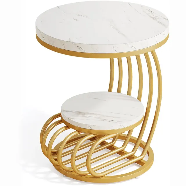 NextNovaDeals Ronde Bijzettafel - Gouden Frame - 2 Lagen - Faux Marmeren Blad - Opbergplank - Wit Goud - Voor Woonkamer En Slaapkamer