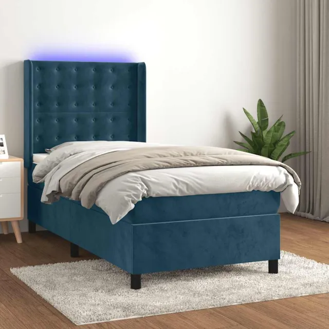 vidaXL Boxspring met matras en LED fluweel donkerblauw 90x190 cm blauw