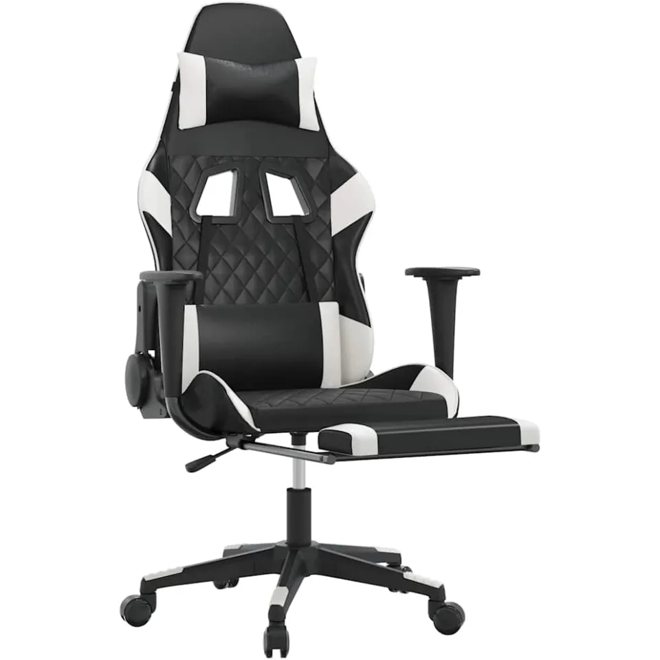 vidaXL Massage gamestoel met voetensteun kunstleer zwart en wit