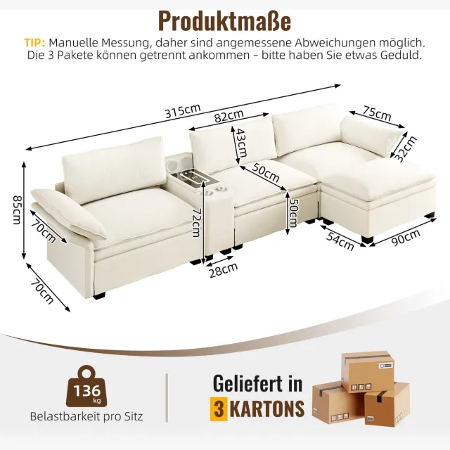 OKWISH Hoekbank 315 Cm - Modulair Met Opberging, Verlichting En Draadloos Laden - Woonkamer - Chenille - Beige