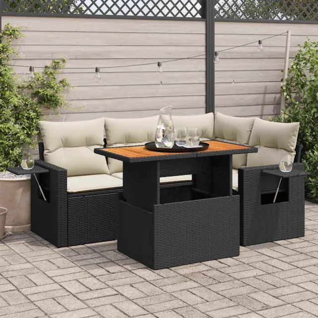 vidaXL 5-delige Loungeset met kussens poly rattan zwart, foto 2