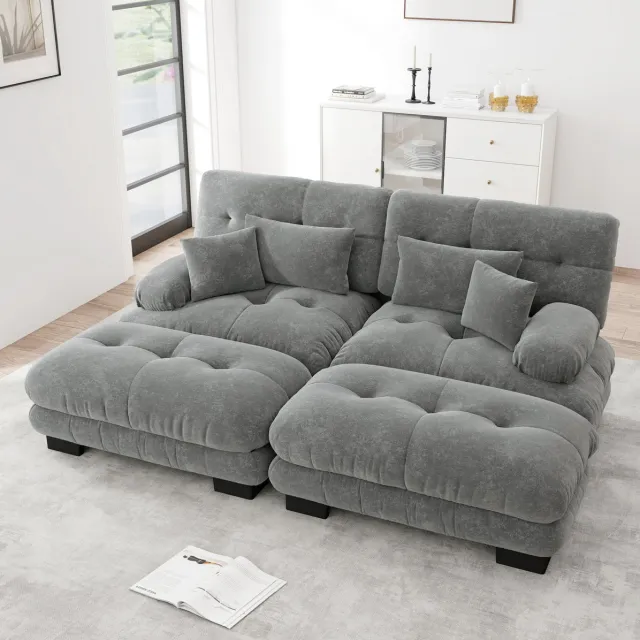 MIVRAY Hoekbank 220 x 145 cm - Modulaire Cloud Bank Met 2 Ottomans En Kussens - Voor Woonkamer En Lounge - Chenille Grijs