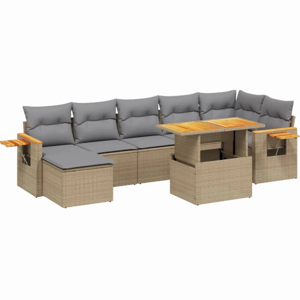vidaXL 8-delige Loungeset met kussens poly rattan beige, foto 3