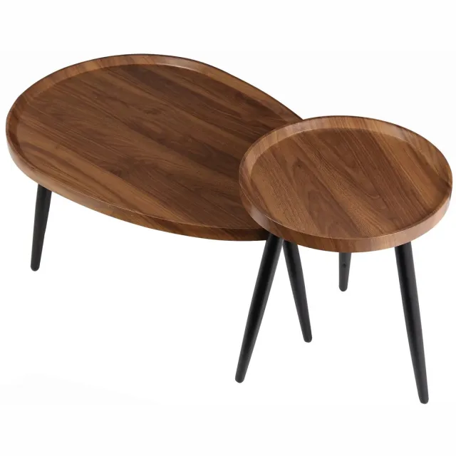 Whoopr® Ronde Salontafel Set van 2 – Nesting tafels met Houten Tafelblad & Metalen Poten – Moderne Bijzettafels voor Woonkamer, Kantoor & Balkon Bruin