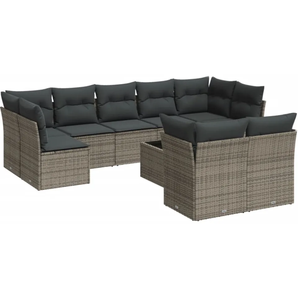 vidaXL 10-delige Loungeset met kussens poly rattan grijs