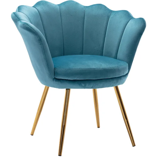 chairus Leunstoel - Blauw - Velvet - Gewatteerde zitting - Schelpvormige rugleuning - Met Metalen Poten - Voor Woonkamer en Slaapkamer