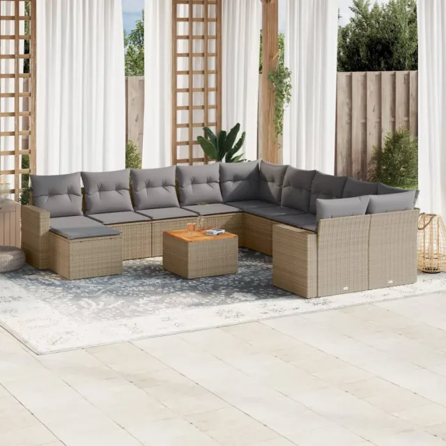 vidaXL 12-delige Loungeset met kussens poly rattan gemengd beige, foto 2