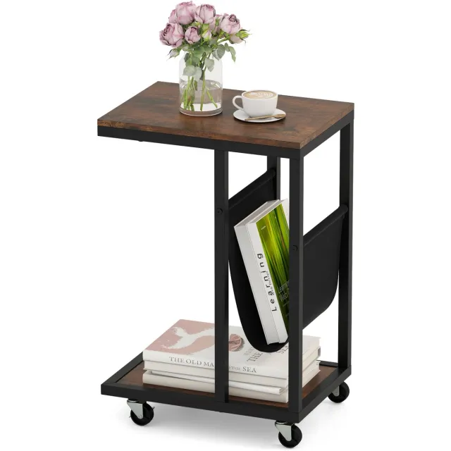 Costway Bijzettafel met wieltjes, banktafel, C-vorm, koffietafel met opbergzak, woonkamertafel met metalen frame, voor koffie en laptop, industrieel design Bruin + Zwart
