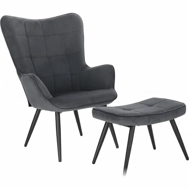 Popalino® Fauteuil Deluxe met hocker - Armleuning - Voetenbank Woonkamer stoel - Corduroy - Donkergrijs