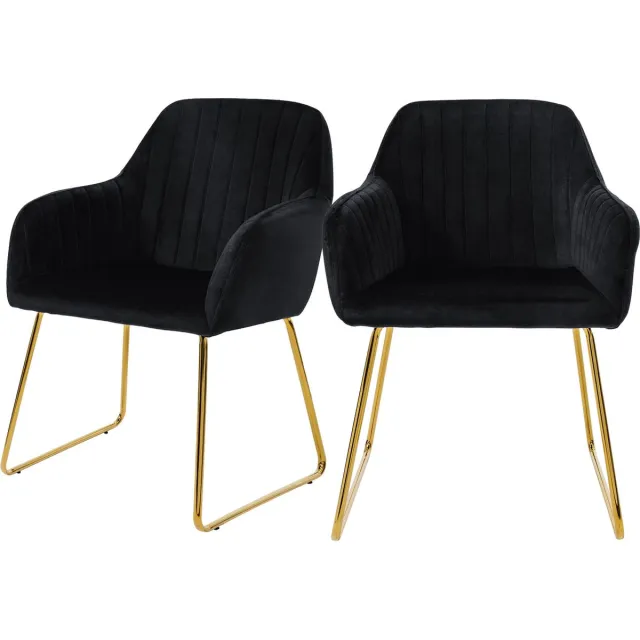 ml-design eetkamerstoelen set van 2, fluwelen zitting, zwart, woonkamerstoel met rugleuning en armleuningen, keukenstoel met gouden poten, gestoffeerde stoel met metalen frame, ergonomische armstoel