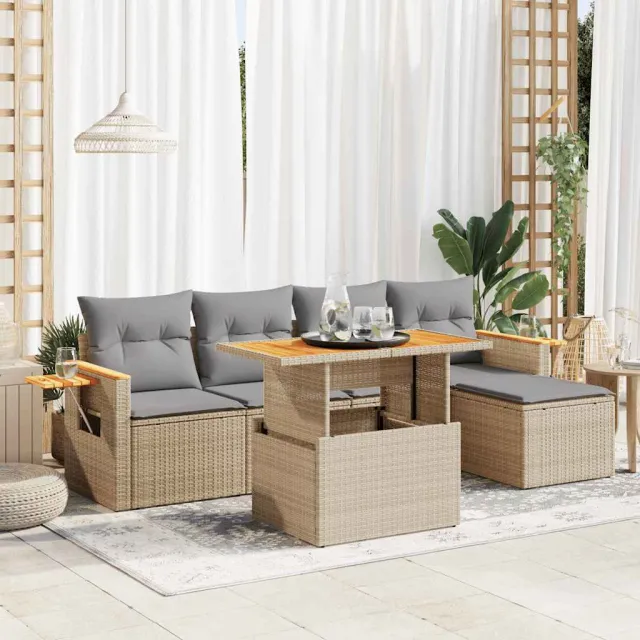 vidaXL 6-delige Loungeset met kussens poly rattan acacia beige, foto 2