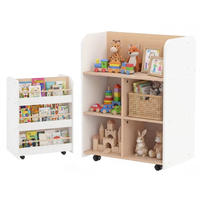 KOMFOTTEU Kinderboekenkast, Dubbelzijdige kinderboekenkast met 5 open vakken en 3 planken, Kinderboekenkast op wielen, Speelgoedkast voor kinderkamer en speelkamer, 62,5 x 40 x 83 cm Wit + Naturel