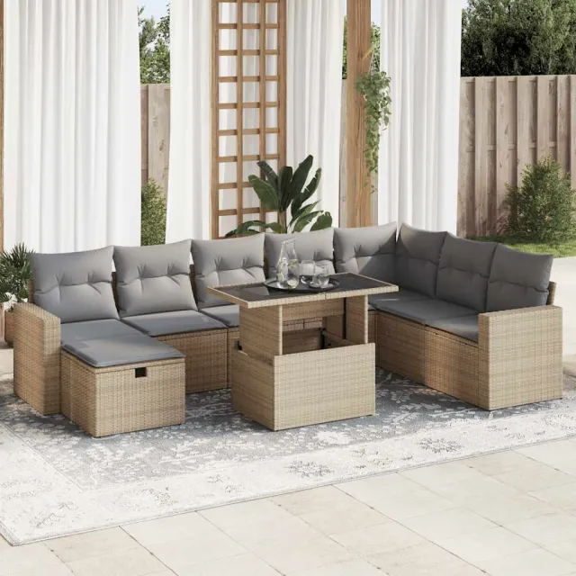 vidaXL 9-delige Loungeset met kussens poly rattan beige, foto 2