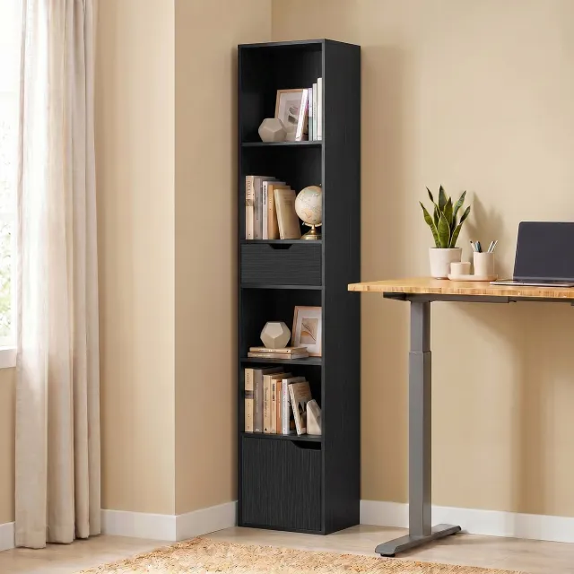 TEKROA Boekenkast - Boekenkasten - met 6 planken - lade en verstelbare plank - vrijstaande opbergkast - 30 x 24 x 158 cm - zwart