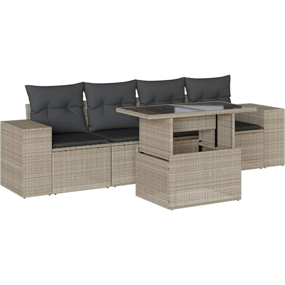 vidaXL 5-delige Loungeset met kussens poly rattan lichtgrijs grijs, foto 3