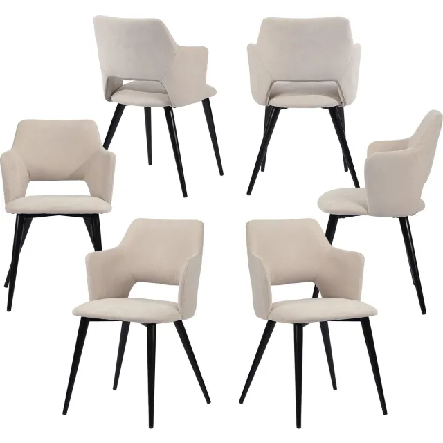 MEUBLE COSY Meubles Cosy Set van 6 eetkamerstoelen - met armleuningen – Lichtbeige – Stoffen zitting – Metalen poten
