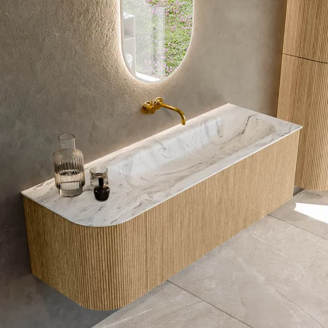 Mondiaz KURVE-DLUX 135 cm Onderkast Greeploos 1 Lade Met Deuren Oak, Wastafel Solid Surface Rechts Glace 0 Kraangaten Zonder Spiegel (KRVBGM135L1L1D0KR-Oak/Gla)