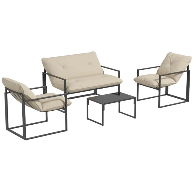 ZYLARO Tuinset - Loungeset met 2-Zitsbank, 2 Fauteuils, Glazen Salontafel & Kussens - Tuinmeubelset voor 4 Personen - Tuinbank - Zitset - Tuinsalon voor 4 Personen - Zitgroep - Weerbestendig - voor Terras, Balkon, Tuin - Grijs + Beige