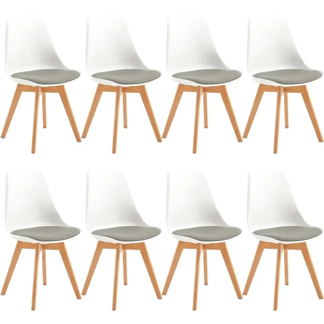 J.T.R Eetkamerstoelen-Eetkamerstoelen set van 8-gestoffeerd-vintage stijl- met massief beukenhouten poten-Wit - Grijs Zitkussen.
