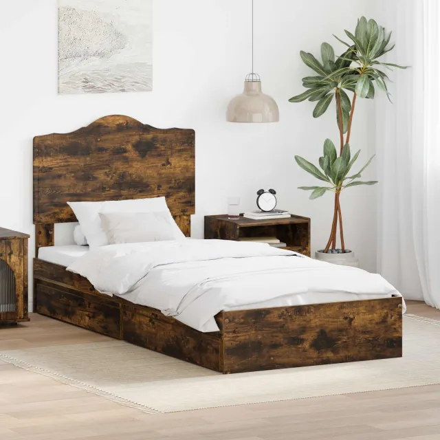 vidaXL Opslag bed met lade Gerookt eiken 90 x 200 cm Bewerkt hout Bruin