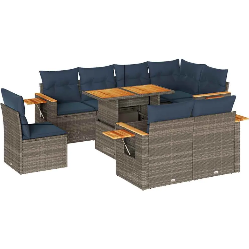 vidaXL 9-delige Loungeset met kussens poly rattan acacia grijs, foto 3