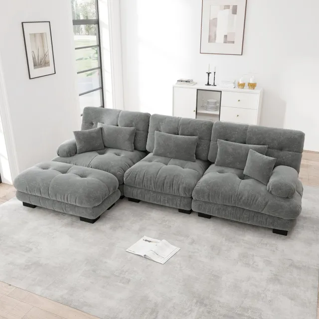 HAUSS SPOLE Hoekbank Modulair Met Ottoman - Diepe Zit Cloud Comfort - Voor Woonkamer En Kantoor - Chenille Grijs