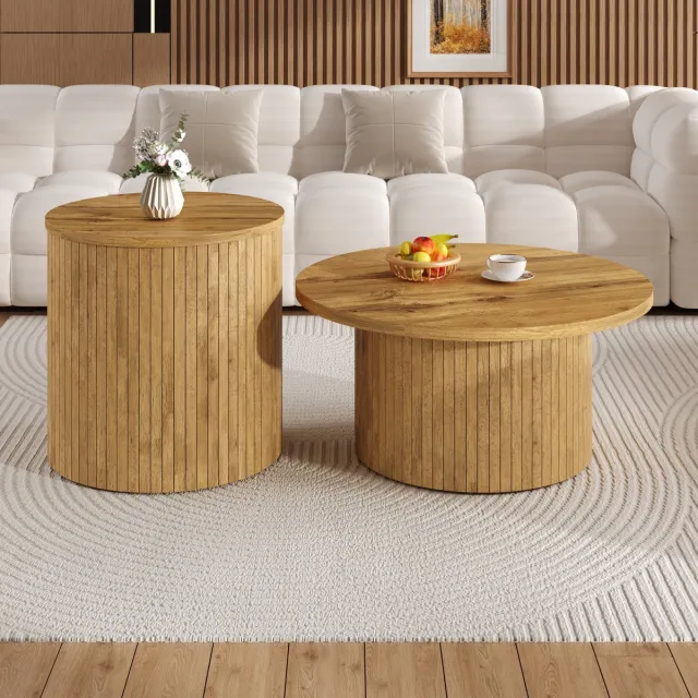 Wishdor Salontafelset - Dubbel Rond Ontwerp - Scandinavische Stijl - Voor De Woonkamer - MDF - Naturel - 75 X 75 X 36 Cm + 50 X 50 X 50,5 Cm Natuurlijk