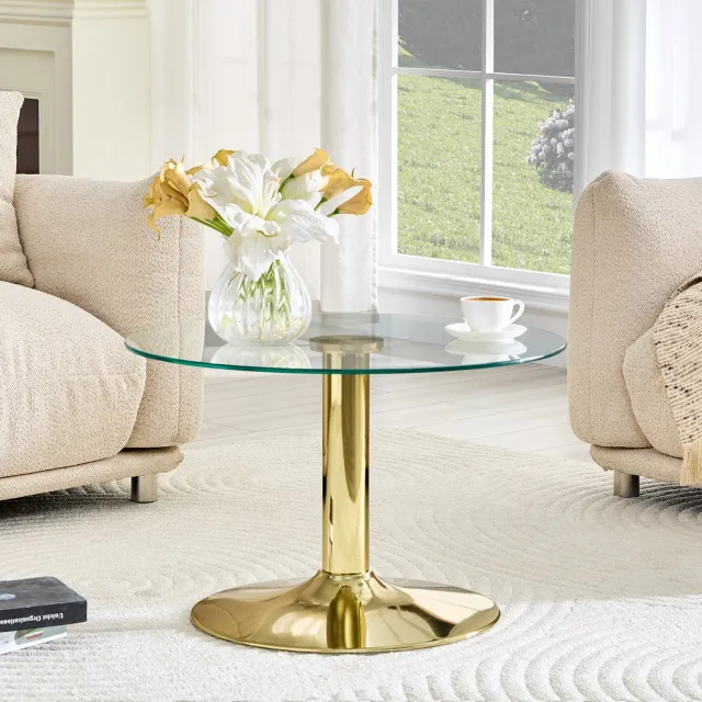 HAUSS SPOLE Ronde Salontafel Met Gehard Glazen Tafelblad En Metalen Voet Voor Moderne Woonkamer Goud Glas En Metaal Diameter 70 Cm Hoogte 45 Cm Gold
