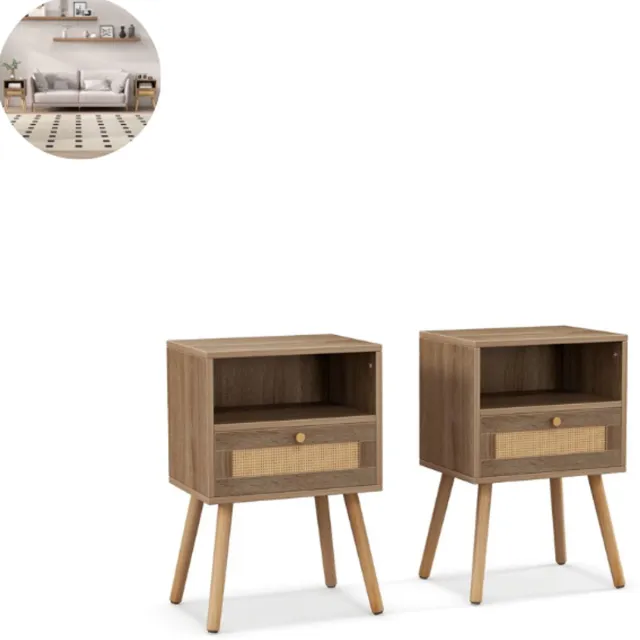 GranMaison Nachtkastjes - Set van 2 - Natuurlijk - Hout - Met Lade - 40 x 30 x 60,5 cm (L x B x H)