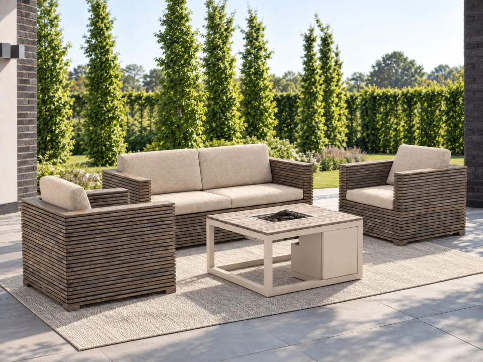 ROUGH Furniture ROUGH-C/Cosiraw stoel-bank loungeset met vuurtafel 4-delig taupe, foto 2
