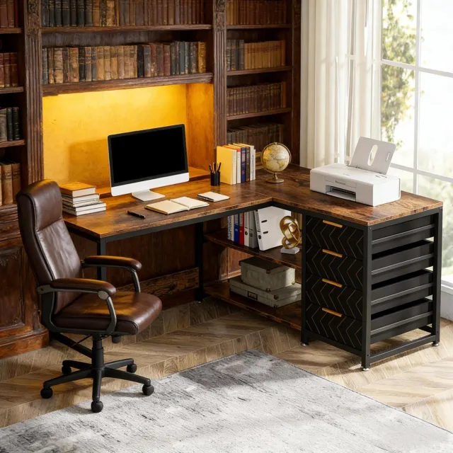 CHICFURN Hoekbureau 150 cm - Omkeerbaar L-vormig - 4 lades en 2-laags rek - Thuiskantoor - Metaal en spaanplaat - Zwart en rustiek bruin